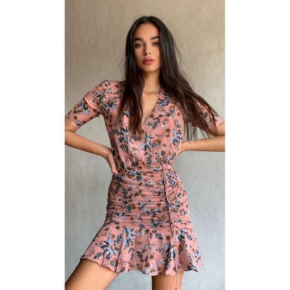 Veronica Beard Dakota Mauve Multi Silk Metallic Floral Wrap Mini Dress 4 Party
